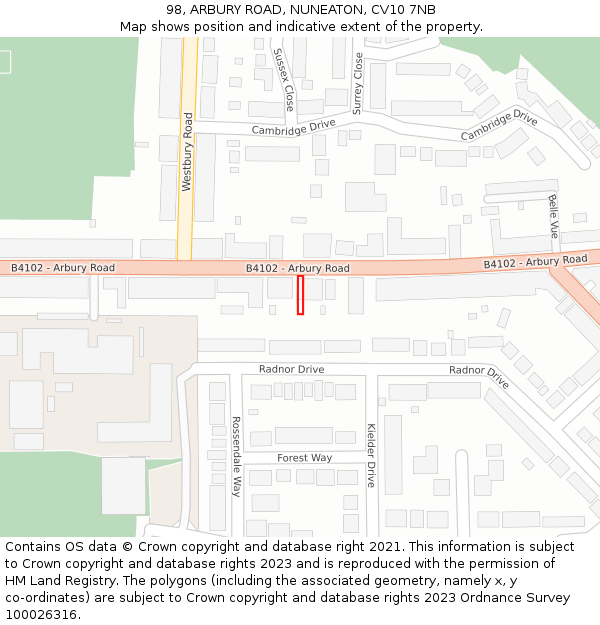 98, ARBURY ROAD, NUNEATON, CV10 7NB: Location map and indicative extent of plot