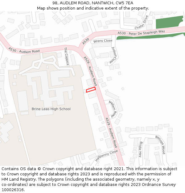 98, AUDLEM ROAD, NANTWICH, CW5 7EA: Location map and indicative extent of plot