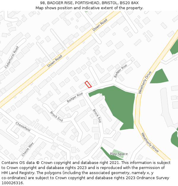 98, BADGER RISE, PORTISHEAD, BRISTOL, BS20 8AX: Location map and indicative extent of plot