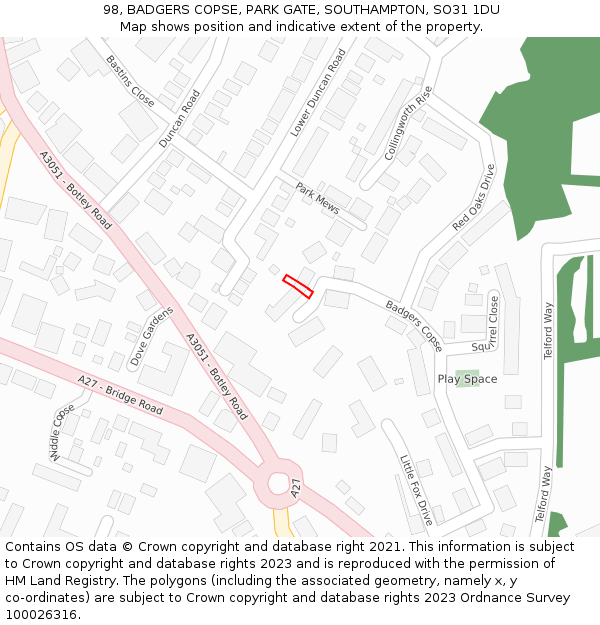 98, BADGERS COPSE, PARK GATE, SOUTHAMPTON, SO31 1DU: Location map and indicative extent of plot