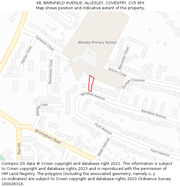 98, BARNFIELD AVENUE, ALLESLEY, COVENTRY, CV5 9FX: Location map and indicative extent of plot