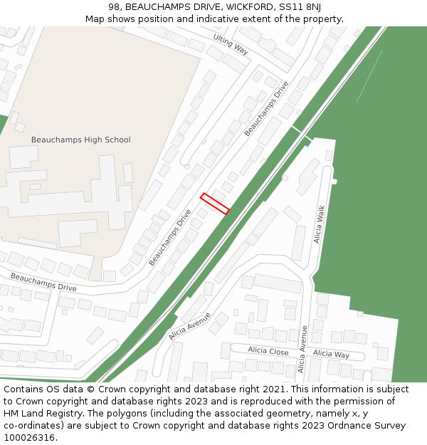 98, BEAUCHAMPS DRIVE, WICKFORD, SS11 8NJ: Location map and indicative extent of plot