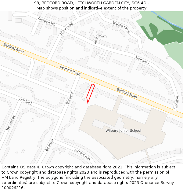 98, BEDFORD ROAD, LETCHWORTH GARDEN CITY, SG6 4DU: Location map and indicative extent of plot