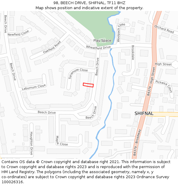 98, BEECH DRIVE, SHIFNAL, TF11 8HZ: Location map and indicative extent of plot