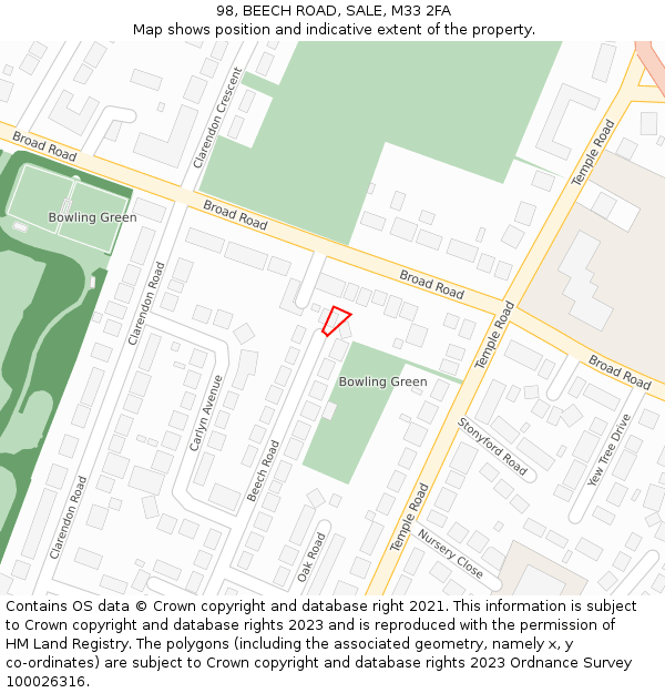 98, BEECH ROAD, SALE, M33 2FA: Location map and indicative extent of plot