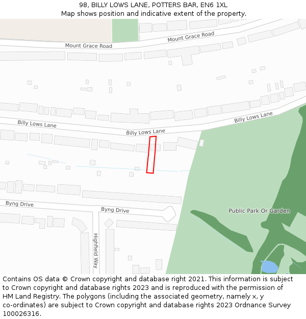 98, BILLY LOWS LANE, POTTERS BAR, EN6 1XL: Location map and indicative extent of plot