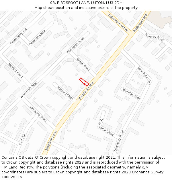 98, BIRDSFOOT LANE, LUTON, LU3 2DH: Location map and indicative extent of plot