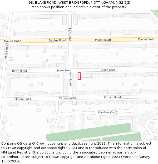 98, BLAKE ROAD, WEST BRIDGFORD, NOTTINGHAM, NG2 5JZ: Location map and indicative extent of plot