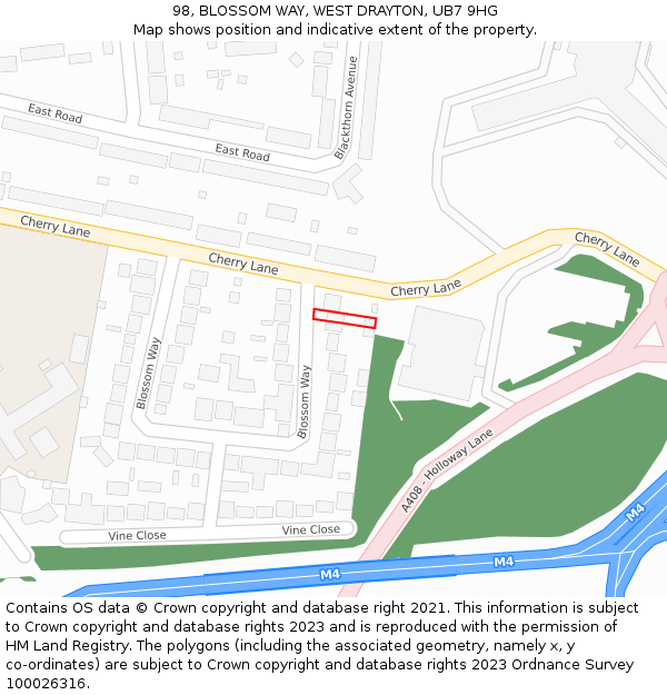 98, BLOSSOM WAY, WEST DRAYTON, UB7 9HG: Location map and indicative extent of plot