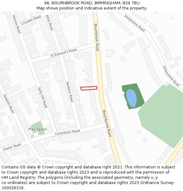 98, BOURNBROOK ROAD, BIRMINGHAM, B29 7BU: Location map and indicative extent of plot