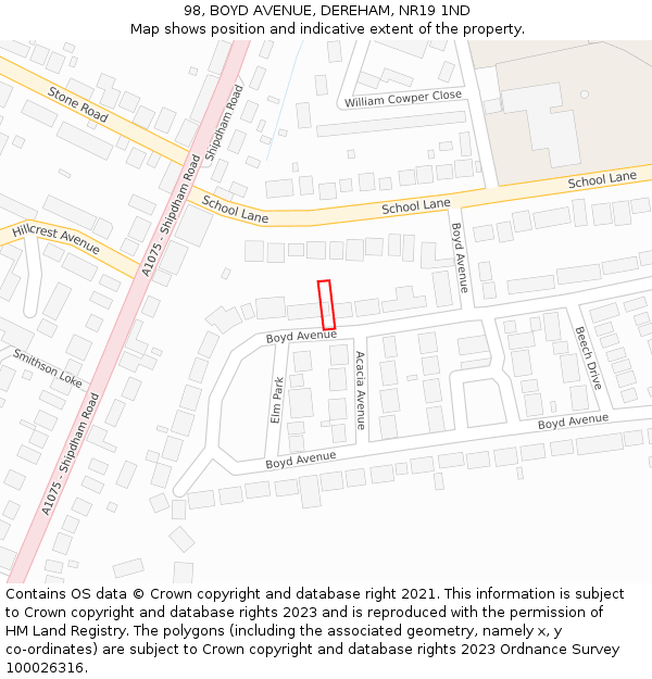 98, BOYD AVENUE, DEREHAM, NR19 1ND: Location map and indicative extent of plot