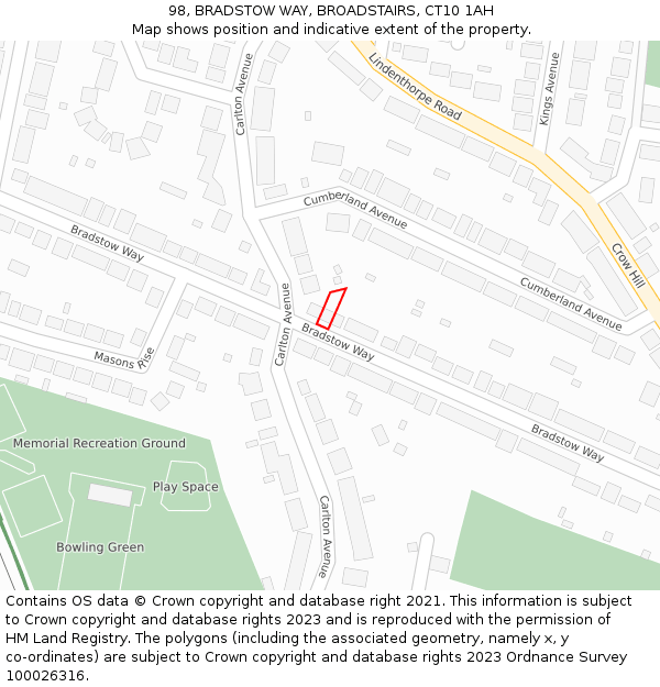 98, BRADSTOW WAY, BROADSTAIRS, CT10 1AH: Location map and indicative extent of plot