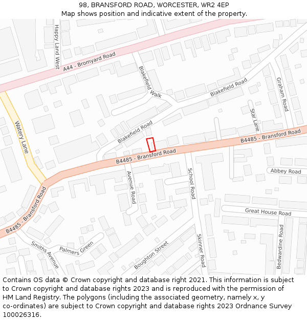 98, BRANSFORD ROAD, WORCESTER, WR2 4EP: Location map and indicative extent of plot