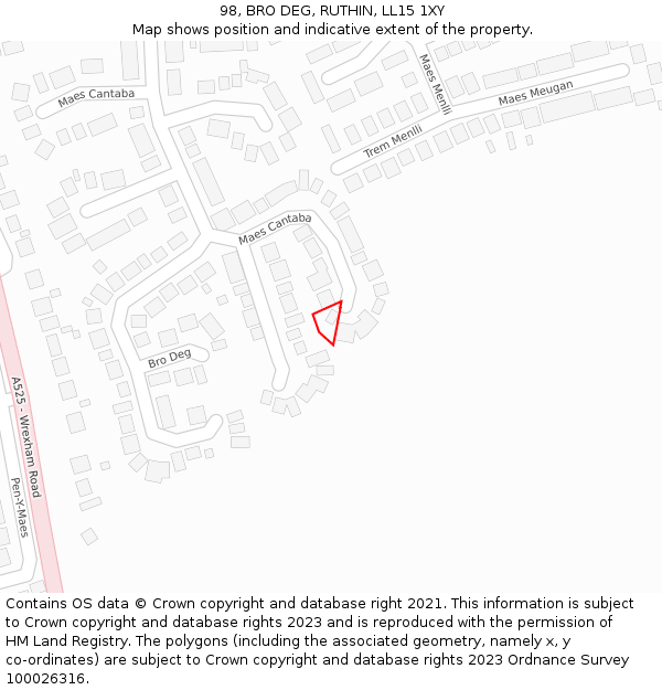 98, BRO DEG, RUTHIN, LL15 1XY: Location map and indicative extent of plot