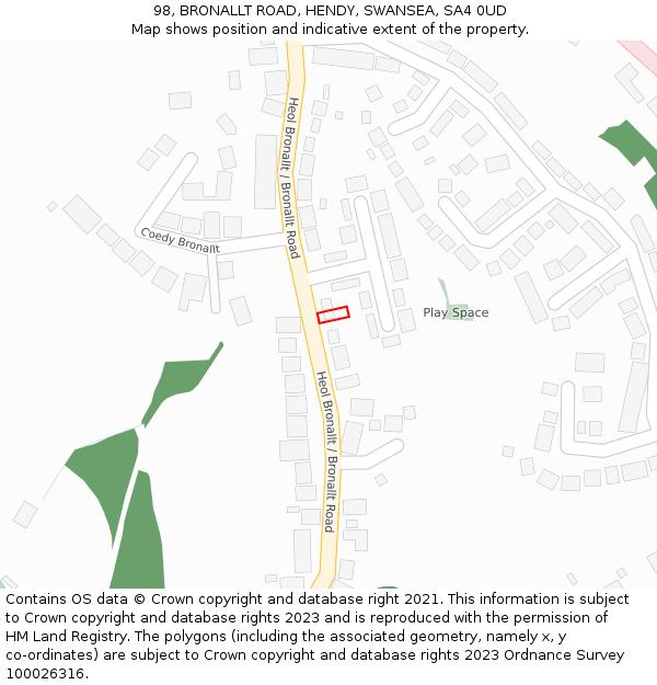 98, BRONALLT ROAD, HENDY, SWANSEA, SA4 0UD: Location map and indicative extent of plot