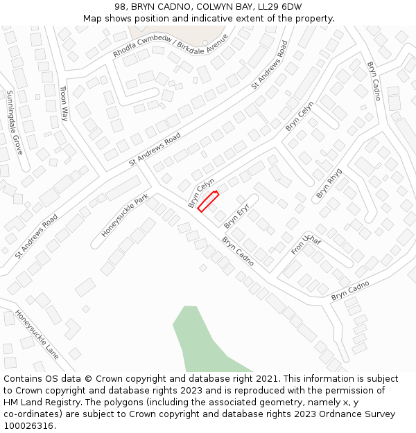 98, BRYN CADNO, COLWYN BAY, LL29 6DW: Location map and indicative extent of plot