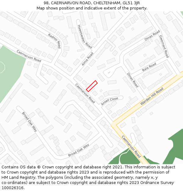 98, CAERNARVON ROAD, CHELTENHAM, GL51 3JR: Location map and indicative extent of plot