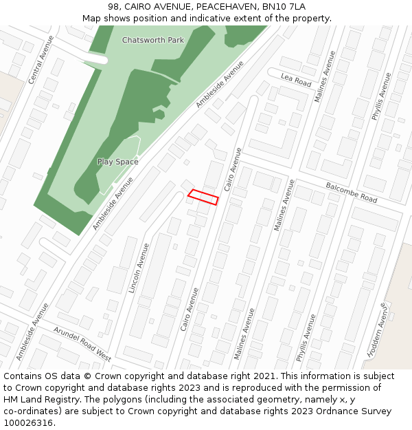 98, CAIRO AVENUE, PEACEHAVEN, BN10 7LA: Location map and indicative extent of plot
