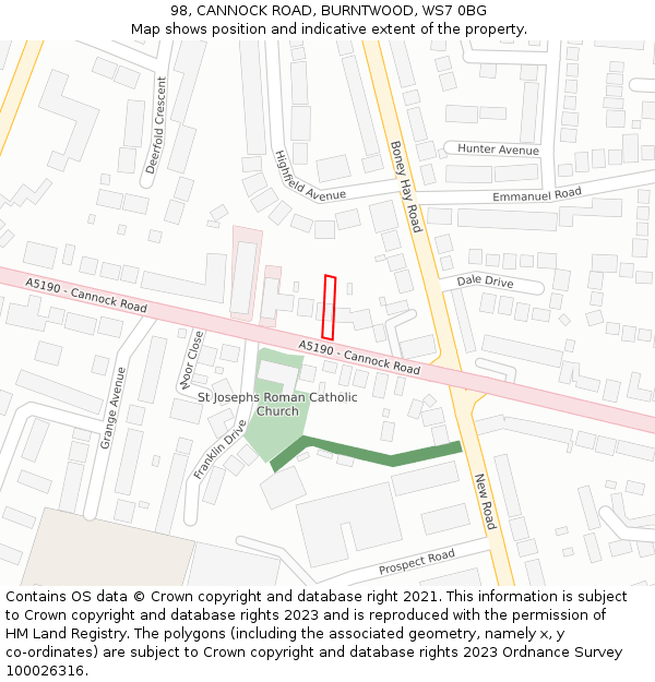 98, CANNOCK ROAD, BURNTWOOD, WS7 0BG: Location map and indicative extent of plot