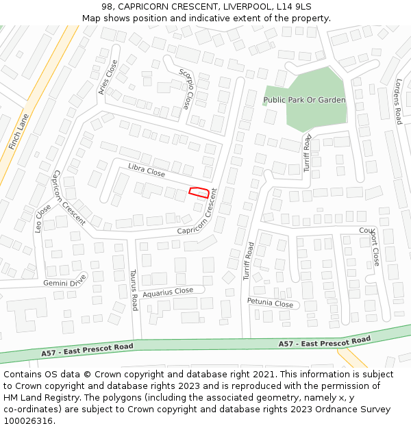 98, CAPRICORN CRESCENT, LIVERPOOL, L14 9LS: Location map and indicative extent of plot
