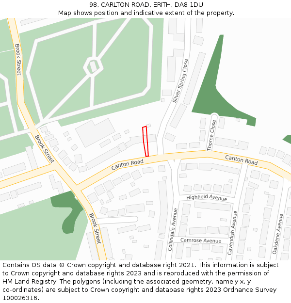 98, CARLTON ROAD, ERITH, DA8 1DU: Location map and indicative extent of plot