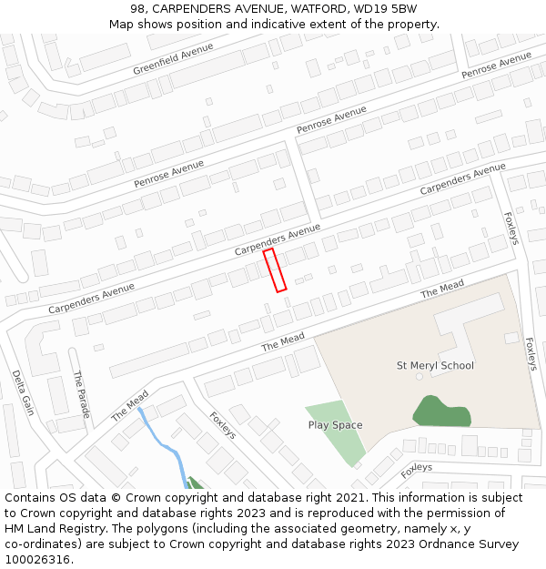 98, CARPENDERS AVENUE, WATFORD, WD19 5BW: Location map and indicative extent of plot