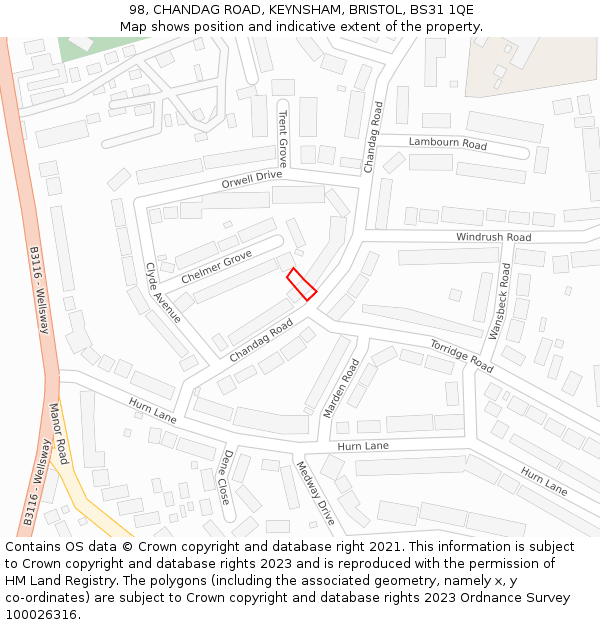 98, CHANDAG ROAD, KEYNSHAM, BRISTOL, BS31 1QE: Location map and indicative extent of plot