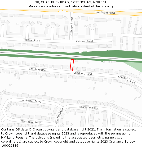 98, CHARLBURY ROAD, NOTTINGHAM, NG8 1NH: Location map and indicative extent of plot