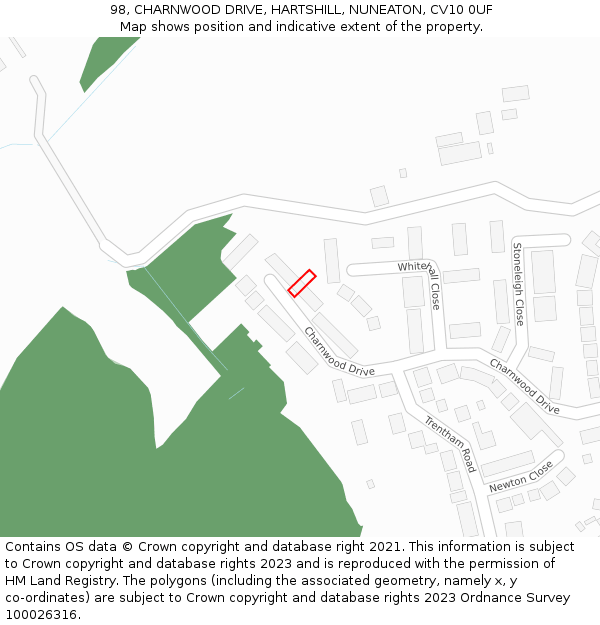 98, CHARNWOOD DRIVE, HARTSHILL, NUNEATON, CV10 0UF: Location map and indicative extent of plot