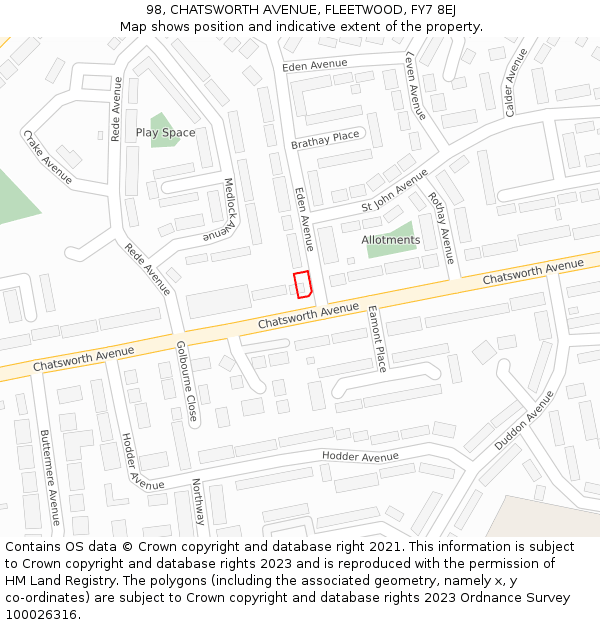 98, CHATSWORTH AVENUE, FLEETWOOD, FY7 8EJ: Location map and indicative extent of plot