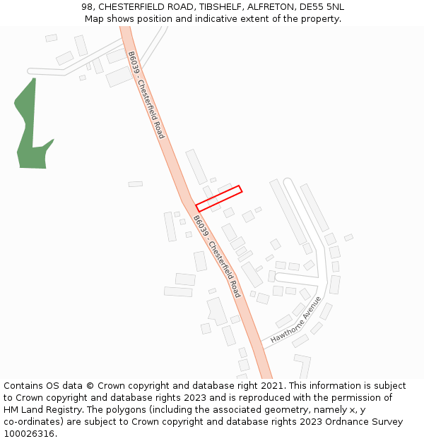 98, CHESTERFIELD ROAD, TIBSHELF, ALFRETON, DE55 5NL: Location map and indicative extent of plot