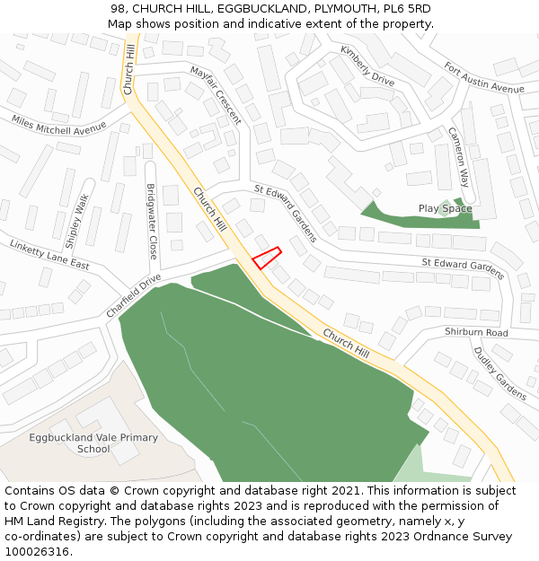 98, CHURCH HILL, EGGBUCKLAND, PLYMOUTH, PL6 5RD: Location map and indicative extent of plot