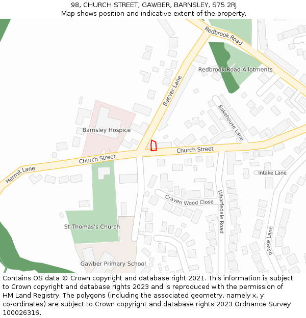 98, CHURCH STREET, GAWBER, BARNSLEY, S75 2RJ: Location map and indicative extent of plot