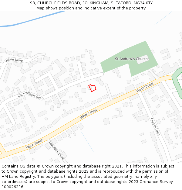 98, CHURCHFIELDS ROAD, FOLKINGHAM, SLEAFORD, NG34 0TY: Location map and indicative extent of plot