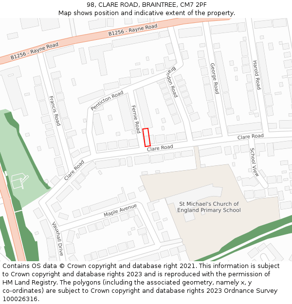 98, CLARE ROAD, BRAINTREE, CM7 2PF: Location map and indicative extent of plot