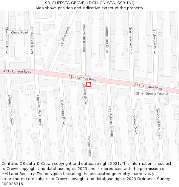 98, CLIFFSEA GROVE, LEIGH-ON-SEA, SS9 1NQ: Location map and indicative extent of plot