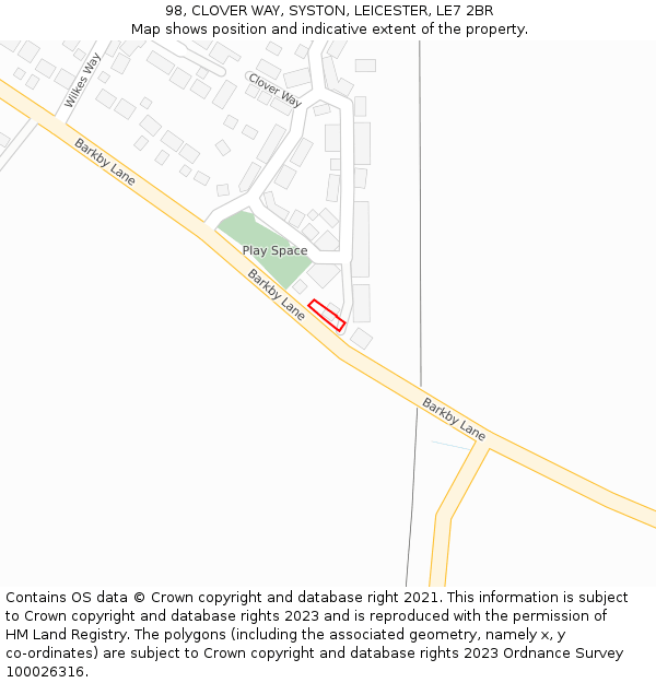 98, CLOVER WAY, SYSTON, LEICESTER, LE7 2BR: Location map and indicative extent of plot