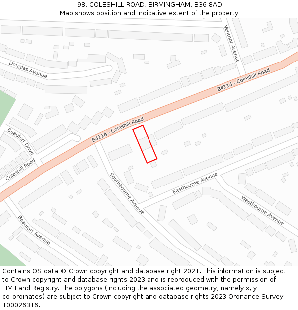 98, COLESHILL ROAD, BIRMINGHAM, B36 8AD: Location map and indicative extent of plot