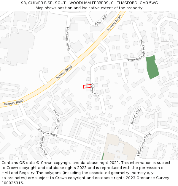 98, CULVER RISE, SOUTH WOODHAM FERRERS, CHELMSFORD, CM3 5WG: Location map and indicative extent of plot