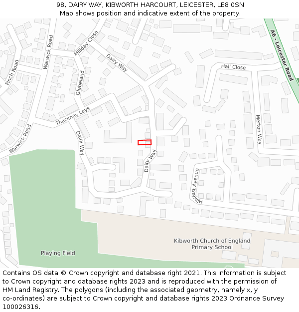 98, DAIRY WAY, KIBWORTH HARCOURT, LEICESTER, LE8 0SN: Location map and indicative extent of plot