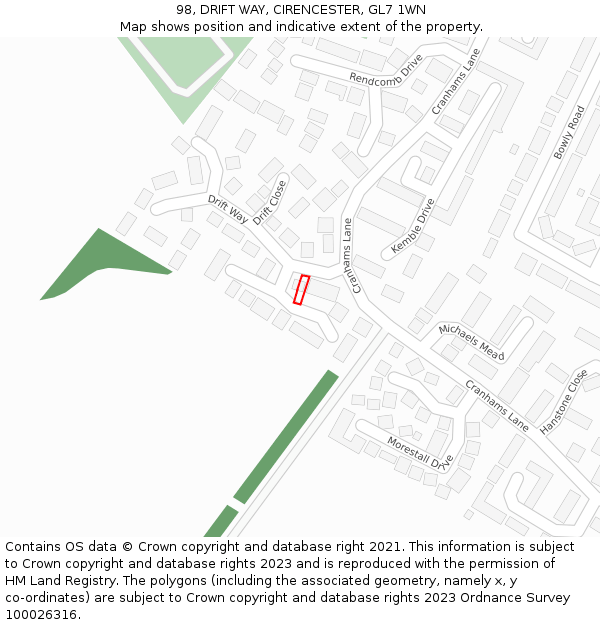 98, DRIFT WAY, CIRENCESTER, GL7 1WN: Location map and indicative extent of plot