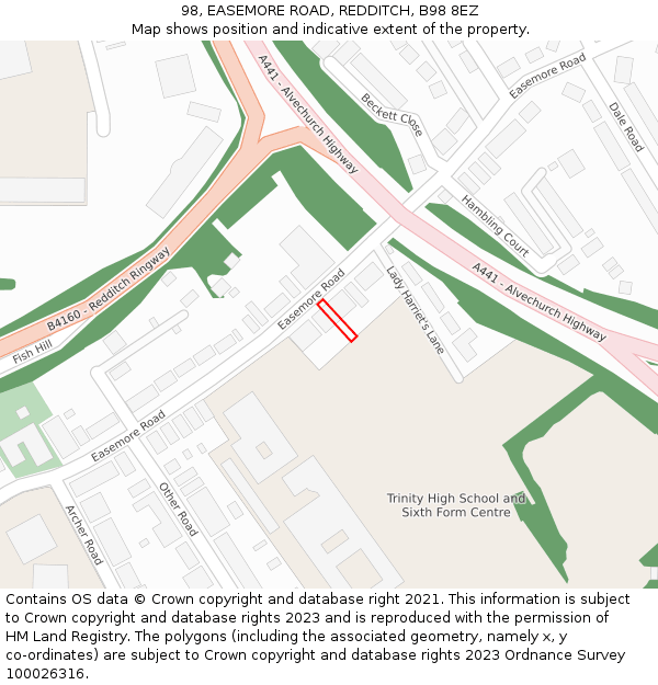 98, EASEMORE ROAD, REDDITCH, B98 8EZ: Location map and indicative extent of plot