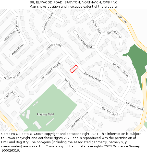 98, ELMWOOD ROAD, BARNTON, NORTHWICH, CW8 4NG: Location map and indicative extent of plot