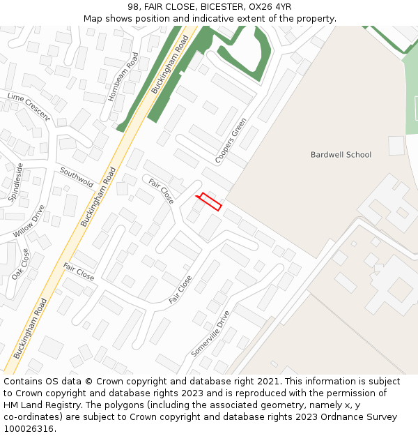 98, FAIR CLOSE, BICESTER, OX26 4YR: Location map and indicative extent of plot