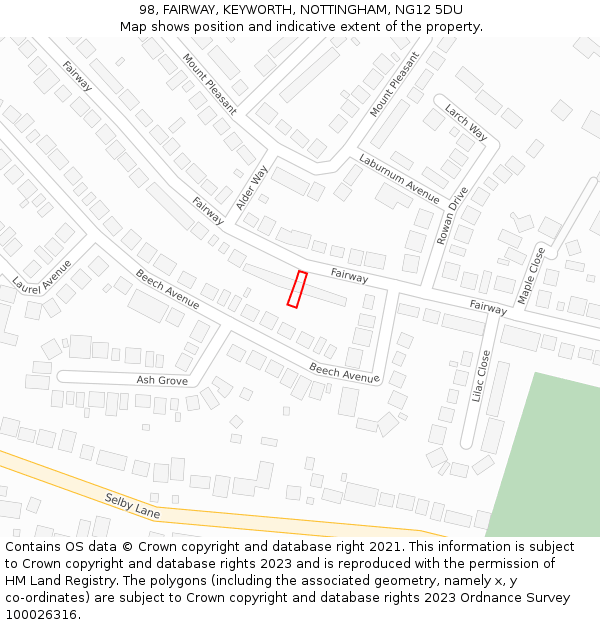 98, FAIRWAY, KEYWORTH, NOTTINGHAM, NG12 5DU: Location map and indicative extent of plot