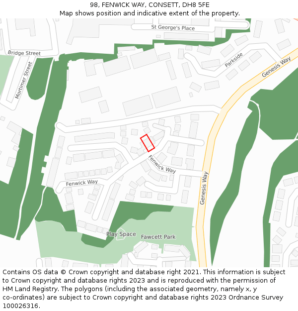 98, FENWICK WAY, CONSETT, DH8 5FE: Location map and indicative extent of plot