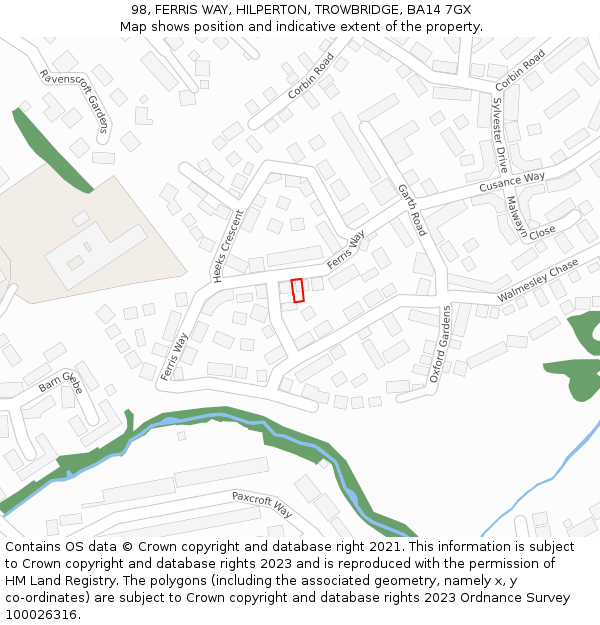 98, FERRIS WAY, HILPERTON, TROWBRIDGE, BA14 7GX: Location map and indicative extent of plot