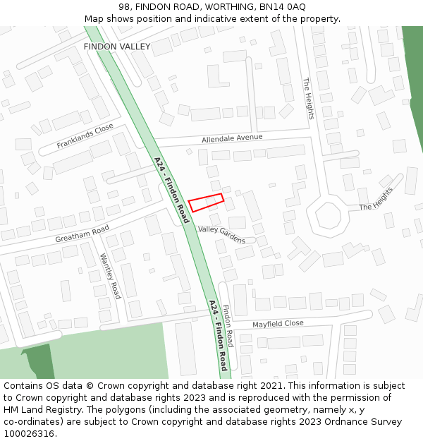 98, FINDON ROAD, WORTHING, BN14 0AQ: Location map and indicative extent of plot