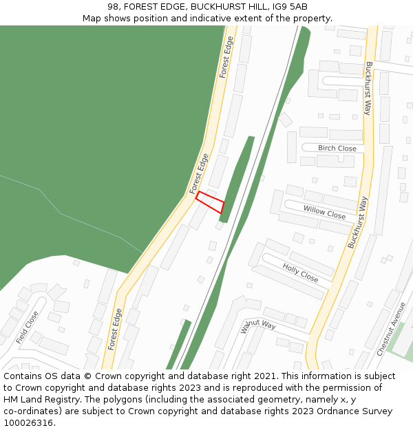 98, FOREST EDGE, BUCKHURST HILL, IG9 5AB: Location map and indicative extent of plot