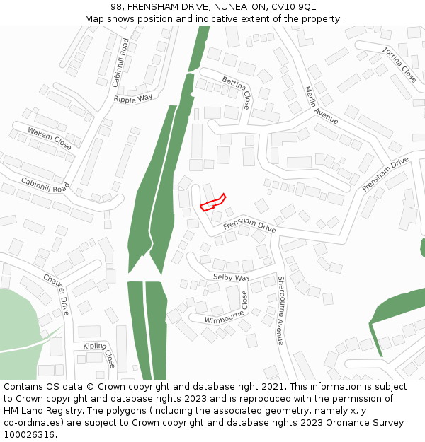 98, FRENSHAM DRIVE, NUNEATON, CV10 9QL: Location map and indicative extent of plot